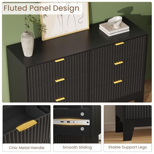 Image of Garvee 6 Drawer Dresser for Bedroom, 47 inch Wide Fluted Chest of Drawers with Metal Handle, Modern Wooden Dresser TV Stand, Clothes Storage Organizer Wood Closet for Hallway, Entryway, Black