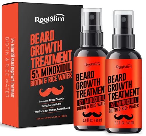 5% Minoxidil Beard Growth Serum for Men: 2-Pack Hair Regrowth Spray with Biotin & Rice Water - Extra Strength Beard Oil for Faster Thicker and Fuller Beard Growth - 4.06 Fl Oz