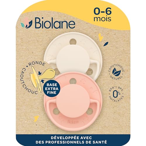 BIOLANE - Tétines rondes - Sucettes extra-fines - 0 à 6 mois - Rose et beige - Téterelle en caoutchouc naturel - Respect du développement bucco-dentaire-...