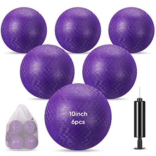 Hanaive 6 Pcs Kickballs 10 Inch Playground Ball Rubber Inflatable Dodgeball with Pump and Storage Bag Bouncy Kickball for Adults Sports Outdoor Activities(Purple)