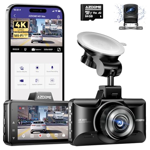 AZDOME M01 Max UHD 4K Dash Cam Front and Rear, Built-in Wi-Fi, Free 64GB Card, App Control, 4K+1080...