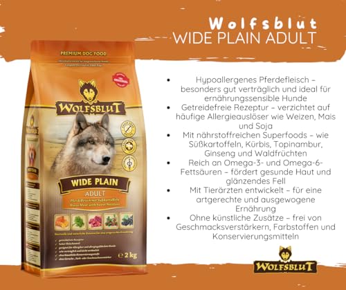 Wolfsblut Wide Plain Adult 2x2kg Sparpaket - Hundefutter - getreidefreies Trockenfutter mit Pferdefleisch & Süßkartoffel – hypoallergen, mit Superfoods – für Sensible Hunde – 2 x 2 kg Bundle