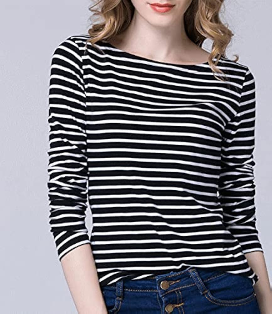 SOUGAO Women's Long Sleeve Tops Striped Base T-Shirt Casual Boat