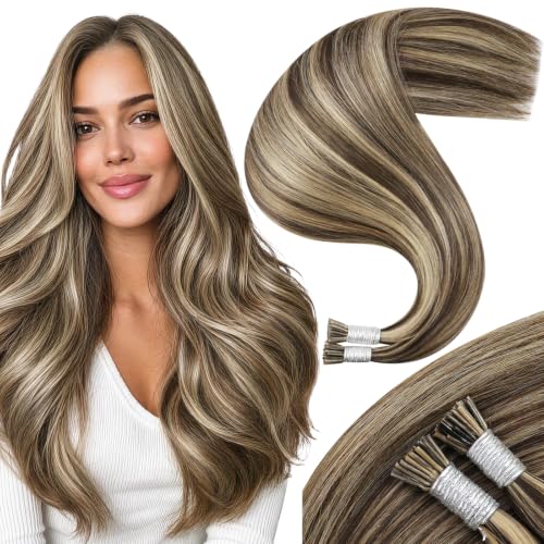 Moresoo I Tip Hair Extensions Human Hair, Brown Caramel Highlight, 22 Inch