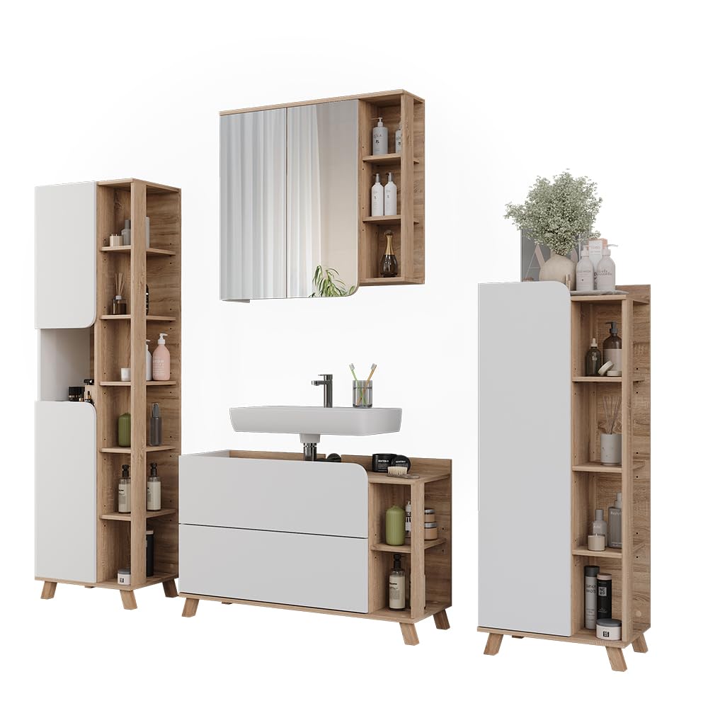 Vicco Conjunto de Muebles de baño Karen, Sonoma/Blanco, 100 cm | compuesto por mueble bajo lavabo, espejo, columna alta y columna media