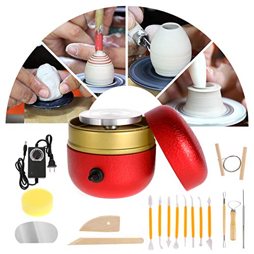 WICHEMI Mini Electric Pottery Wheel Machine with Tray & 17pcs DIY Clay Pottery Tools Adjustable Speed Pottery Wheels for Beginners, Kids, School Ceramic Teaching, Pottery Bar, DIY Shop or Home (Red)
