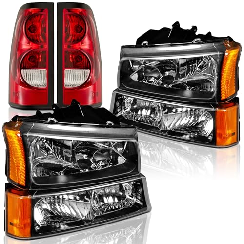 Headlights and Taillights Assembly Combo for 2003-2006 Chevy Silverado 1500 2500 3500 & 2007 Chevy Silverado Classic Replacement Head/OE Factory Style Rear Brake Tail Lights Lamps LH RH,Black Housing