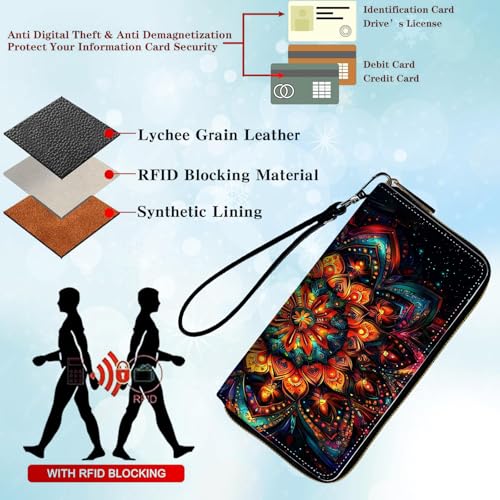 Womens Wallet, PU Leather RFID Cute Wristlet Wallets for Girls Women Ladies Purse Large Credit Card Clutch Purse Card Holder Coin Pocket Travel Wallets with Zipper, Colorful Mandala3