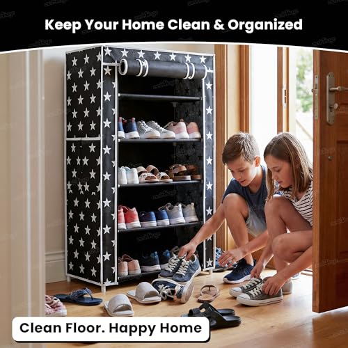 Image of Zest 4 Toyz Star Printed Shoe Rack with 5 Shelfs Zip Cover and Side Pocket Multipurpose Racks Shoe Organizer Cum Book Organizer Non Woven Fabric (Black)