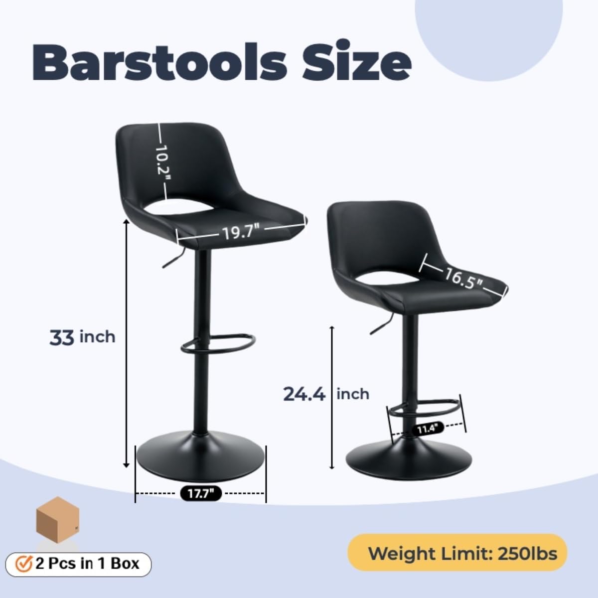Adjustable Swivel Bar Stools Set of 2｜Counter Height Bar Stools with Back｜Modern Faux Leather Barstools｜Metal Leg with Footrest｜Easy Assembly｜Easy to Clean｜for Bar, Kitchen Island, Dining Room