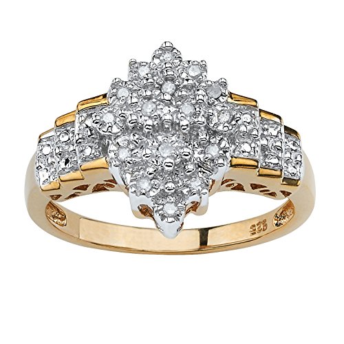 18K Yellow Gold over Sterling Silver Round Genuine Diamond Marquise Shaped Engagement Ring (1/10 cttw, I Color, I3 Clari