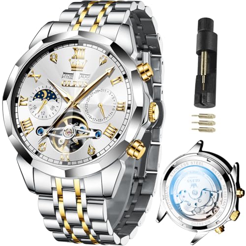 Image of OLEVS Automatic Watches for Men Business Dress Mechanical Watch Stainless Steel Waterproof Self Winding Classic Date Luxury Diamond Skeleton Men Wristwatch
