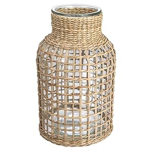 Creative Co-Op Coastal Glass Hurricane with Woven Grass Detail, Natural Vase