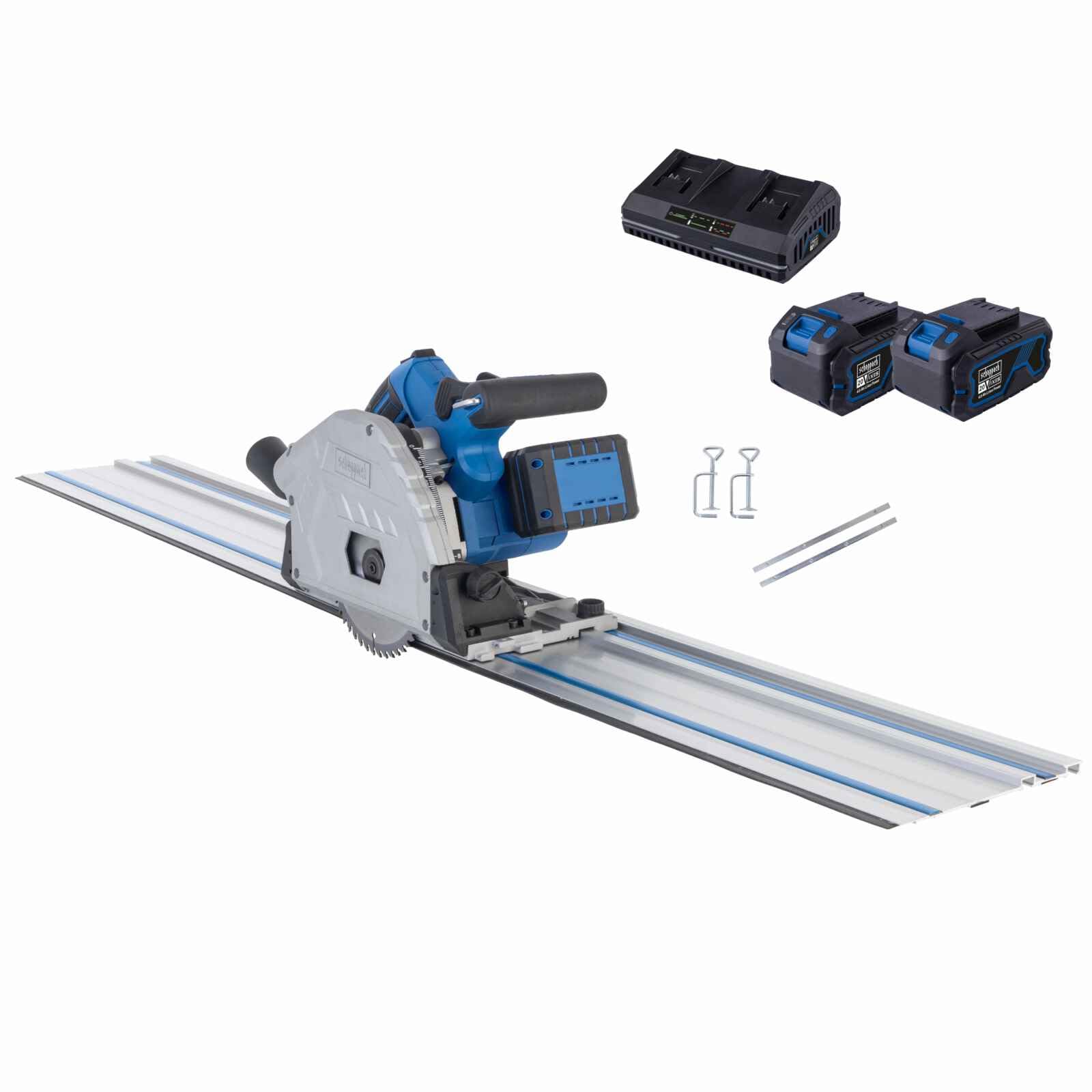 Scheppach Akku Tauchsäge BC-PL60-X Tauchkreissäge inkl. 2x 700mm Führungsschiene & Zubehör | Schnitttiefe 61mm | Neigung 0°-48° | 20V-IXES-Serie | 10 Jahre Garantie | mit 2x 4Ah Akku & Doppelladegerät