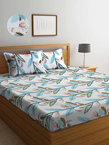 Image of Cotton Feel Glace Cotton Elastic Fitted Printed King Size Double Bed Bedsheet with 2 Pillow Cover(72 inchx78 inch) (Flower on White)