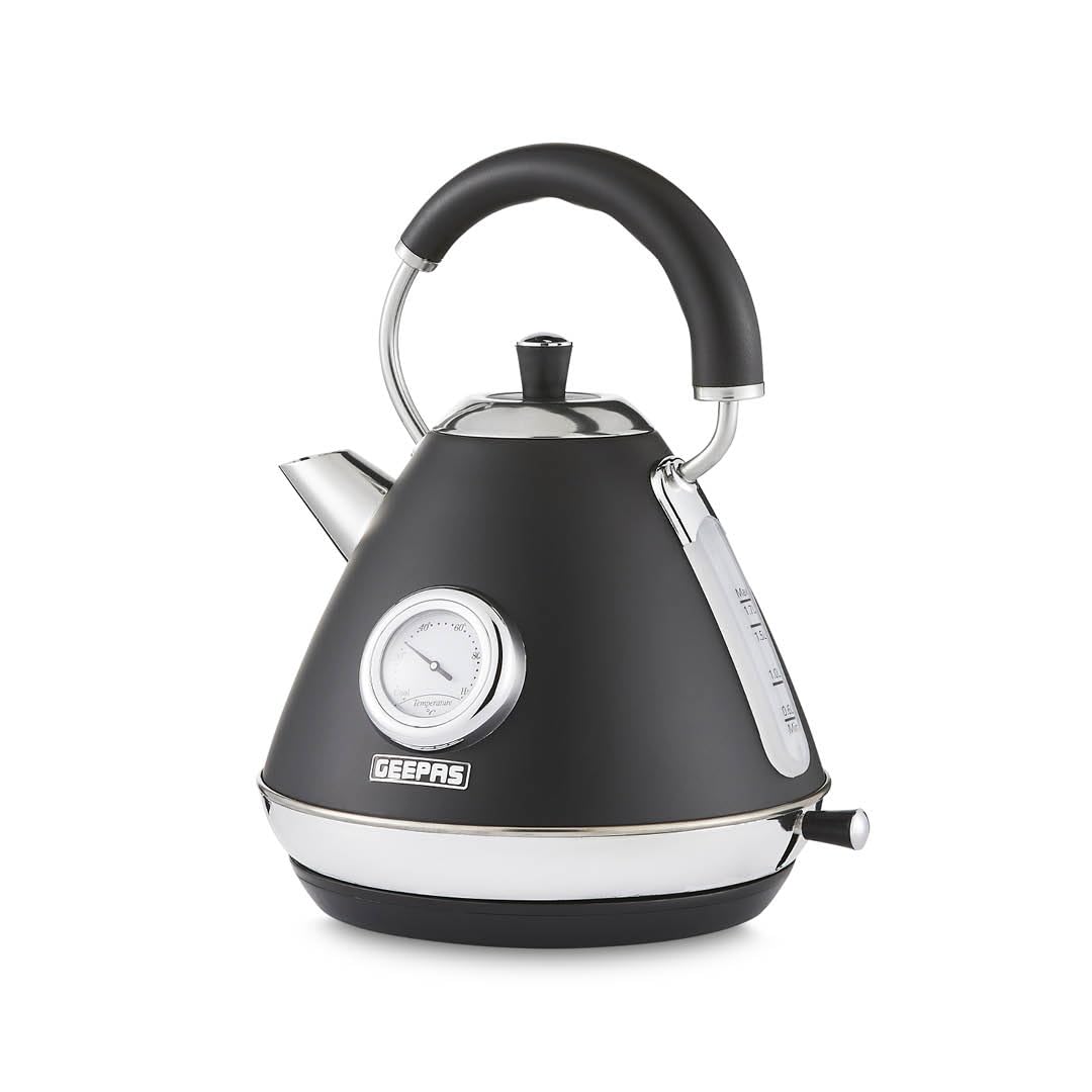 GEEPAS Retrovive 1.7L Electric Kettle | Vintage Cordless Stainless Steel Rapid Boil Jug Kettle for Hot Water Tea Coffee | Auto Shut-Off 360° Swivel Base Temp Gauge Boil Dry Protection | 3000W Black