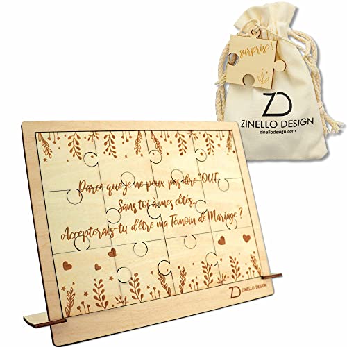 ZINELLO DESIGN - Puzzle aus Holz, Willst du mein Zeuge sein, originelle und personalisierte Geschenkidee, um Ihre Anfrage für Ihre Hochzeit zu machen, außergewöhnliche Ankündigung EVJF (mit Rahmen)