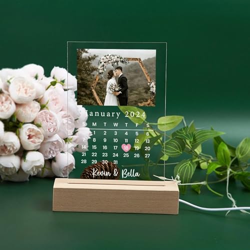 Image of Customized Photo Led Light With Adapter Frame for Couples | Personalized Picture Frame Wooden Stand | Custom Gift | Romantic Anniversary, Wedding, Birthday valentine's day for Gift Him or Her (Calendar Lamp)