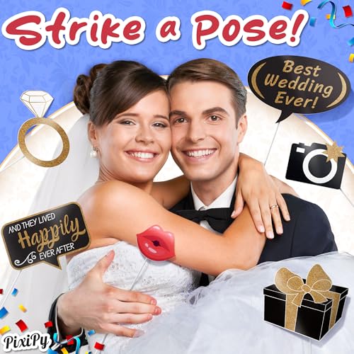 Wedding Photo Booth Props - 53 Pieces, Multicolored - Fun Photoshoot Party Selfie Accessories - Silly Group Picture Favors for Wedding Reception, Anniversary, Engagement, or Shower