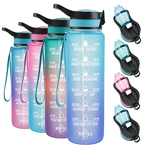 Image of PASER Motivational Water Bottle 32 oz with Straw & Time Marker, BPA Free & Leakproof Tritan Portable Reusable Fitness Sports Water Jug for Men Women & Kids (with Bottle Brush and Straw Brush)
