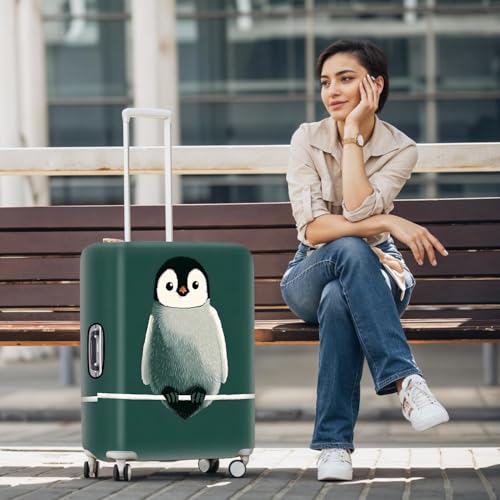 Image of Cute Penguin Luggage Cover - Fun Animal Travel Suitcase Protector with Deep Green Background - Stretchable Anti-Scratch Cover for 20-22 Inch Luggage,S