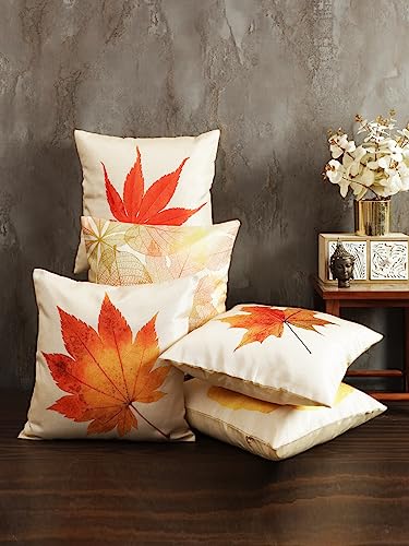 Image of ROMEE Designer Floral Printed Cushion Covers 16 inch x 16 inch Set of 5 | Decorative Square Jute Throw Pillow /Cushion Cover for Living Room, Sofa, Couch, Bedroom (Beige & Rust)