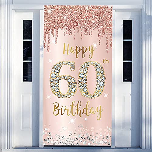 Image of 60th Birthday Door Banner Decorations for Women, Pink Rose Gold Happy 60th Birthday Door Cover Backdrop Party Supplies, Large Sixty Year Old Birthday Poster Sign Decor