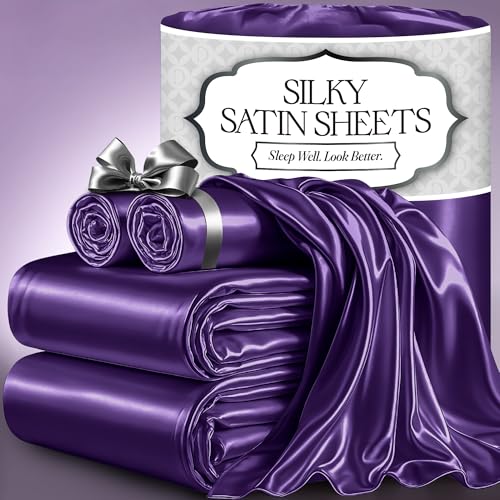 DECOLURE Satin Bed Sheets - 4 Piece Luxury Silky Queen Size Bedding Set - Softer Than Silk, Wrinkle-Free with 15” Deep Pocket Fitted Sheet, Perfect for Hair & Skin, Gifts for Women (Purple)