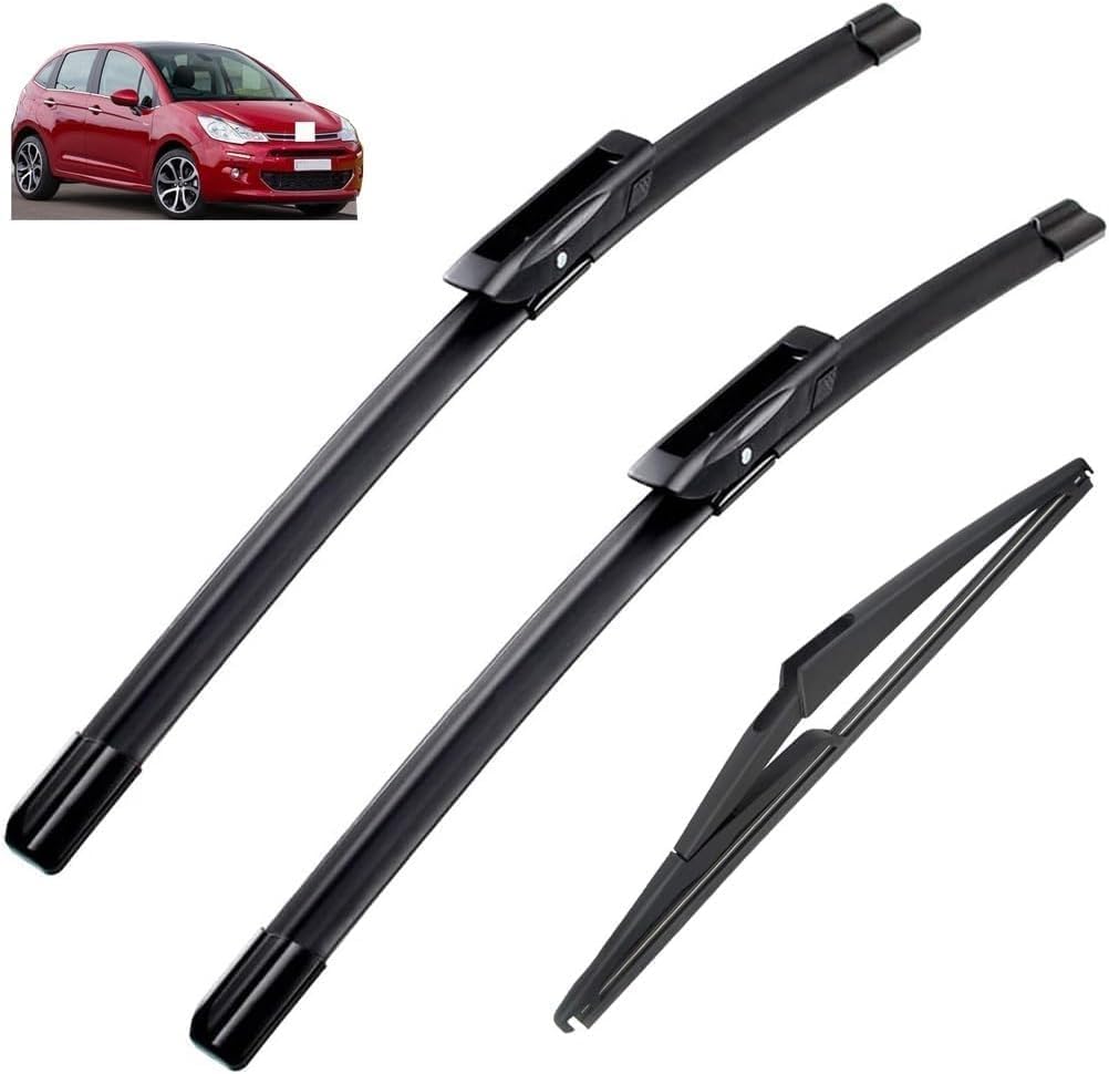 Liuhuiffac Normal Wiper Blade Set Front & Rear For Citroen C3 Mk2 Hatchback 2009-2016 | All Weather Windscreen Wiper Blades Replacement | With Specific Fitment | Pack Of 3 (Rhd)