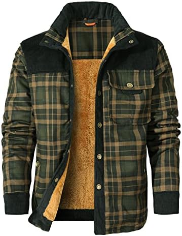 HYPESTFIT Men's Corduroy Plaid Sherpa Lined Flannel Shirt Jacket Fleece Coat