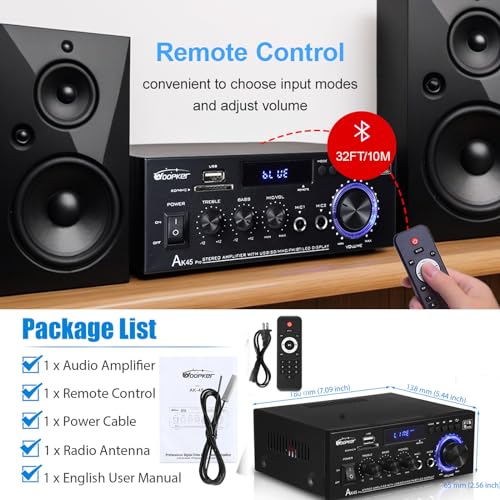 AK45 Pro Amplifier Home Audio Bluetooth 5.0 Stereo Amplifier Rated Power 50W 2.0 Channel Bluetooth Amplifier for Speakers Stereo Receivers for Home Theater Speakers w/USB/SD/RCA/2 MIC in for Karaok