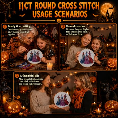Image of VIGEGU Witch Stamped Cross Stitch Kits for Adults Beginners with Hoop Frame