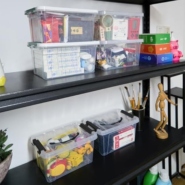 6 Quart Plastic Stackable Storage Latch Bins,Clear Latching Box with Handle and Lid,Pack of 6 (Black Handle)