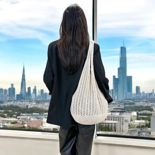 Image of Beach Crochet Tote Bag Mesh Knitted Bag Large Aesthetic Shoulder Bag Handbags Hollow Hobo Bag for Women Summer (Beige)