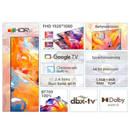 CHIQ L40G7V 40-Zoll-TV-Gerät, Google TV, FHD, rahmenloses Design, Google Assistant, Google Play, Chromecast Built-in, Dreifach-Radio (DVB-T2/S2/C), 5G WLAN, Bluetooth, HDMI ARC, USB2.0, CI+ – Bild 4