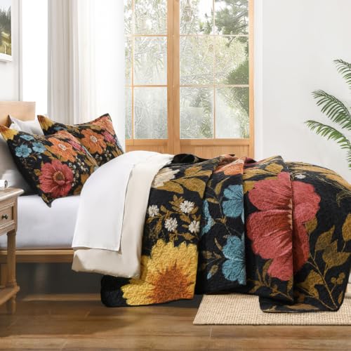 Image of Andency Floral Boho Queen Quilt Bedding Set Black Golden, 3 Pieces Farmhouse Flower Botanical Summer Bedspreads with 2 Shams, Soft Reversible Lightweight Polyester Coverlet Set for All Season, 90 inchx96 inch