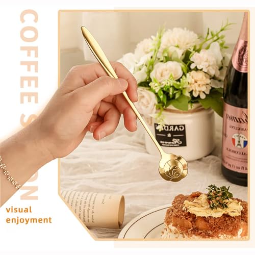 Image of Gold Tone Dessert Spoon Set with Decorative Flower and Heart Shaped Spoon Heads (4 PIC)