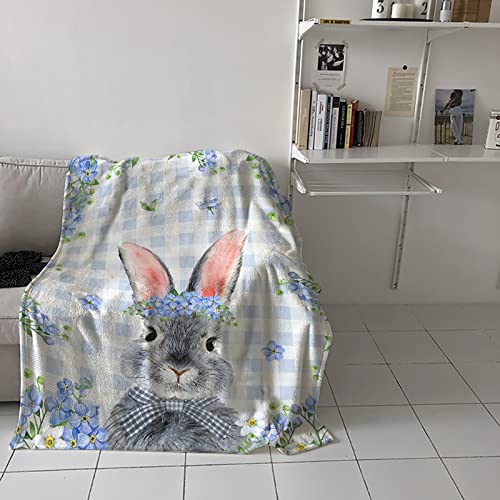 Nicecome Flannel Fleece Blanket Throw, Spring Easter Bunny Blue Flowers Wildflowers Plaid Background Ultra Soft Warm Fluffy Plush Throw Blanket For Bed Couch Camping Decorative Throw 50"X40" #TOP3