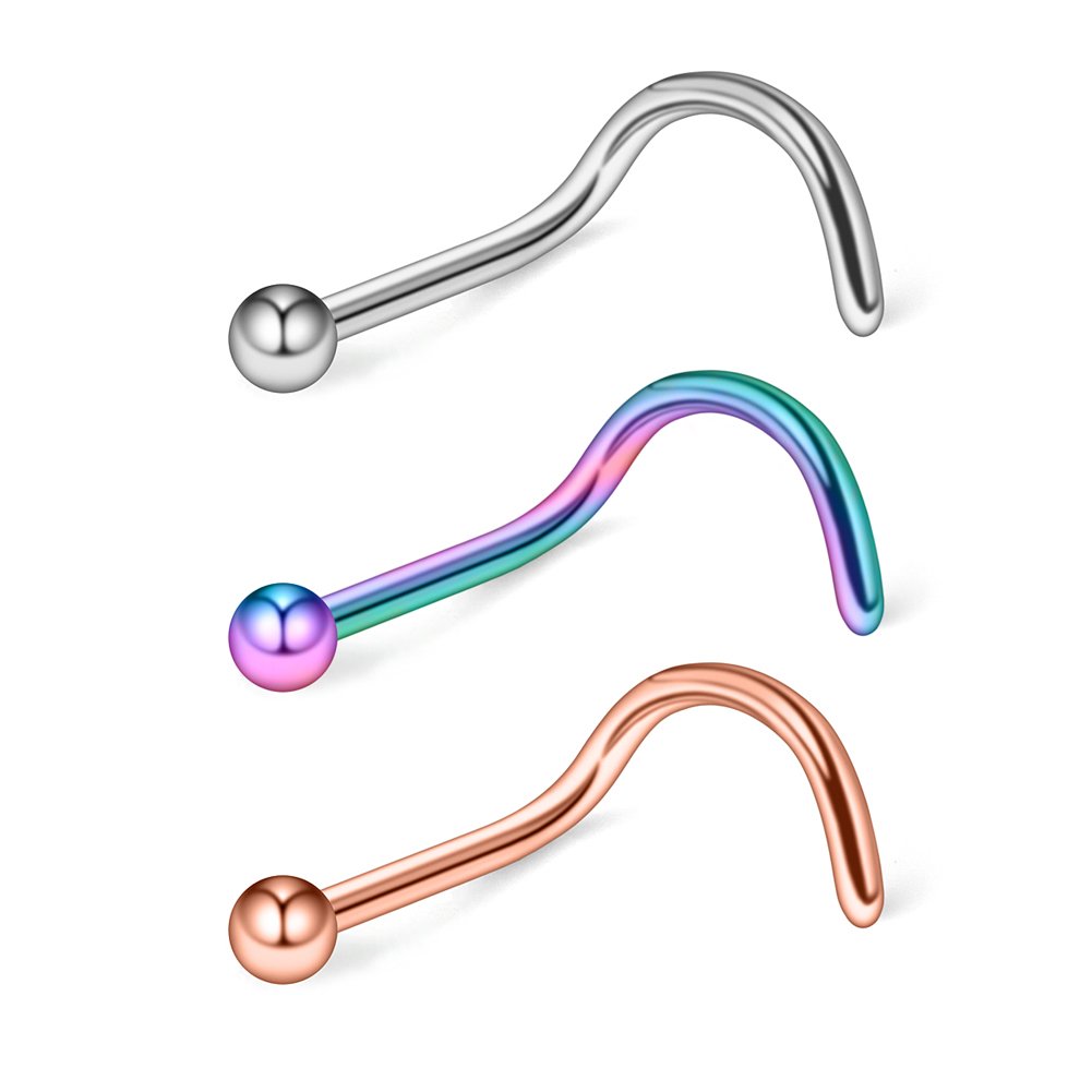 Ruifan 20G(0.8MM) 316L Surgical Steel Curved Nose Stud Ring Twister Screws with 2MM Ball Piercing Jewelry