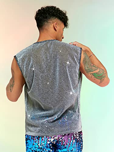 WDIRARA Men's Glitter Draped Collar T Shirts Cowl Neck Sleeveless Tank Top Party Top2