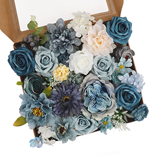 WXBOOM Artificial Wedding Flowers Combo Box Set Dusty Blue Fake Flowers Bulk for DIY Wedding Bouquets Centerpieces Arrangements Bridal Shower Table Decorations (Dusty Blue)