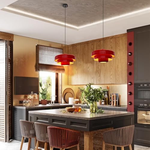 Image of 2PCS Red Pendant Lights, Nordic Flush Mount Ceiling Light with E26 Base, Adjustable Farmhouse Hanging Light for Bedroom, Pantry, Bar, Cafe
