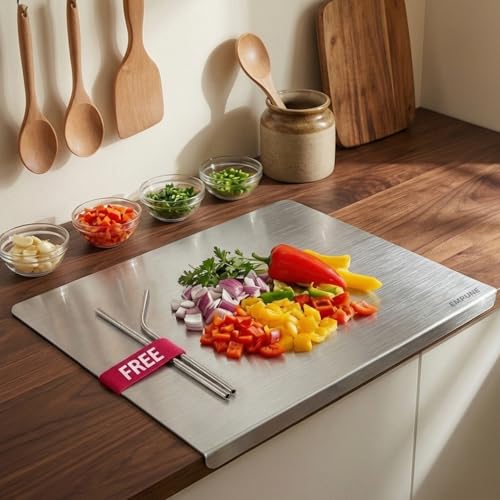 Image of Stainless Steel Chopping Board with Lip | 42 x 32 cm | Heat-Resistant up to 200C | Reversible, Food-Grade Steel Cutting Board | Free 2 Steel Straws | Medium