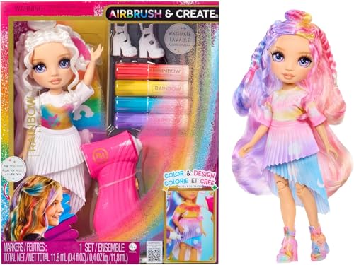 Rainbow High Air Brush & Create - 1 DIY Modepuppe mit Airbrush Market Kit, Abwaschbaren Regenbogen-Filzstiften Langen Haaren, Lila Augen, Kreatives Spiel für Kinder von 4 bis 12+