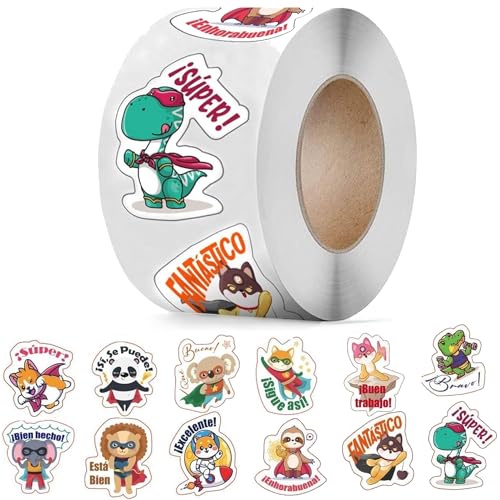 Image of Spanish Animal Reward Stickers - Good Job Decals, Bulk Roll for Classroom & Home, Super Animal Themes