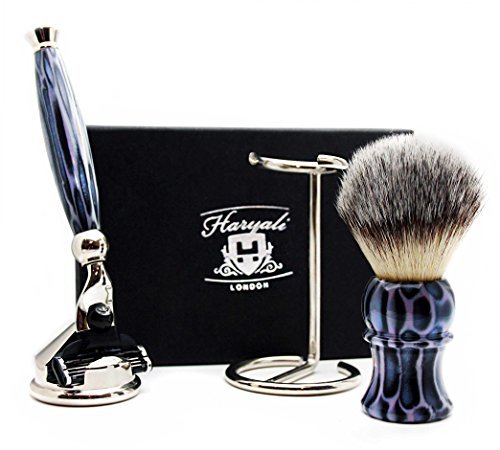 Haryali London Mens Shaving Kit 3 Edge Razor with Synthetic Badger Hair Shaving Brush, Brush Stand and Cone Shaped Razor Stand Perfect Set for Men