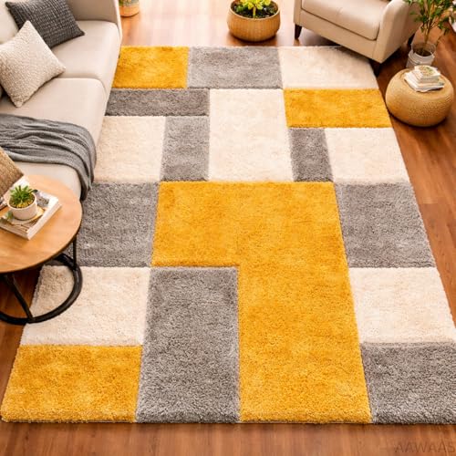 Image of 3D Shaggy Polyester Carpet Rug Runner Area Mats for Bedroom /Living Area /Home with Anti Slip Backing Soft /Fluffy Hight Pile - (3D Yellow B, 5x7 feet)
