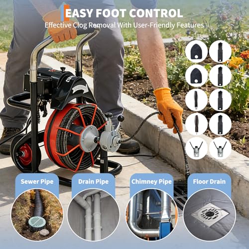 GarveeTech 100FT x 3/8 Inch Drain Cleaning Machine with 10 Cutters & Air-Activated Foot Switch, Auto Feed Drain Snake Auger on Wheels, 450 w High Power Sewer Snake for 2" to 4" Pipes by GarveeTech - Image 6
