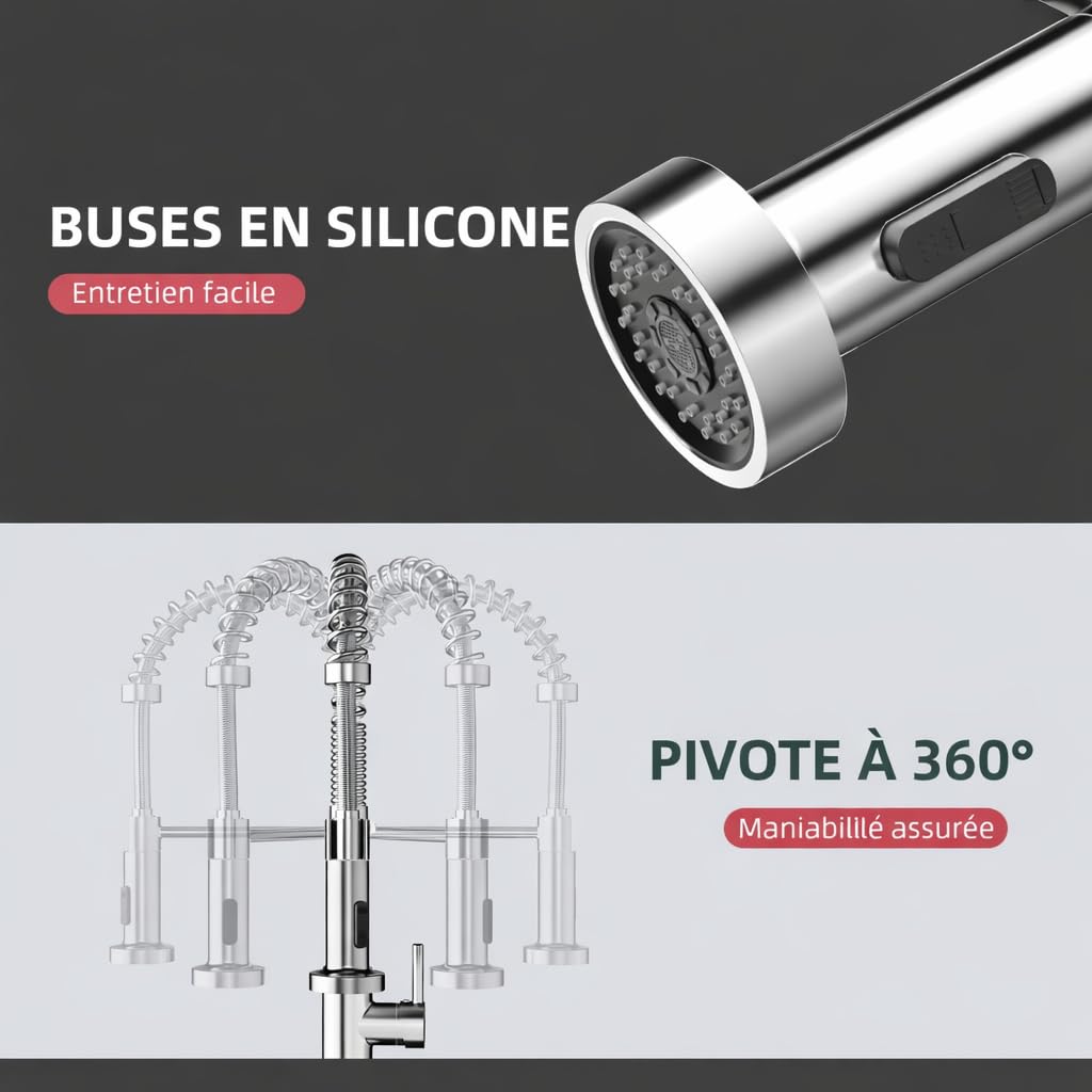 Cobbe Robinet de cuisine, mitigeur de cuisine à haute pression avec douchette rétractable, 2 fonctions de pulvérisation, rotatif à 360°, mitigeur de cuisine pour évier, en acier inoxydable
