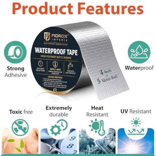Image of Fidrox Super Strong Adhesive Waterproof tape Permanent Repair Roof Water Leakage Solution Rubber Foil Suitable for Roof Leak,surface Crack,Window Sill Gap,Boat Sealing (4 Inch (10CM*5M))